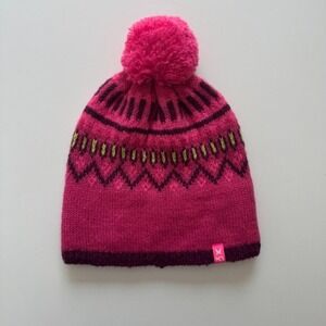 KARI TRAA Ringheim Beanie Womens Pink Wool Blend Pom-Pom Fleece Lined Never Worn